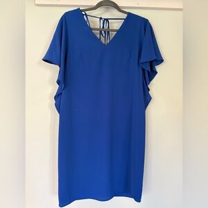 Eliza J Blue Ruffled Sheath Dress with Flutter Sleeves